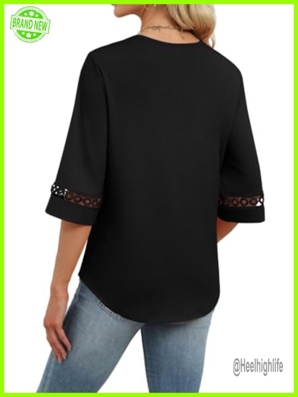 Womens Eyelet Lace V Neck 3/4 Bell Sleeve Blouse Dressy Casual Work Top